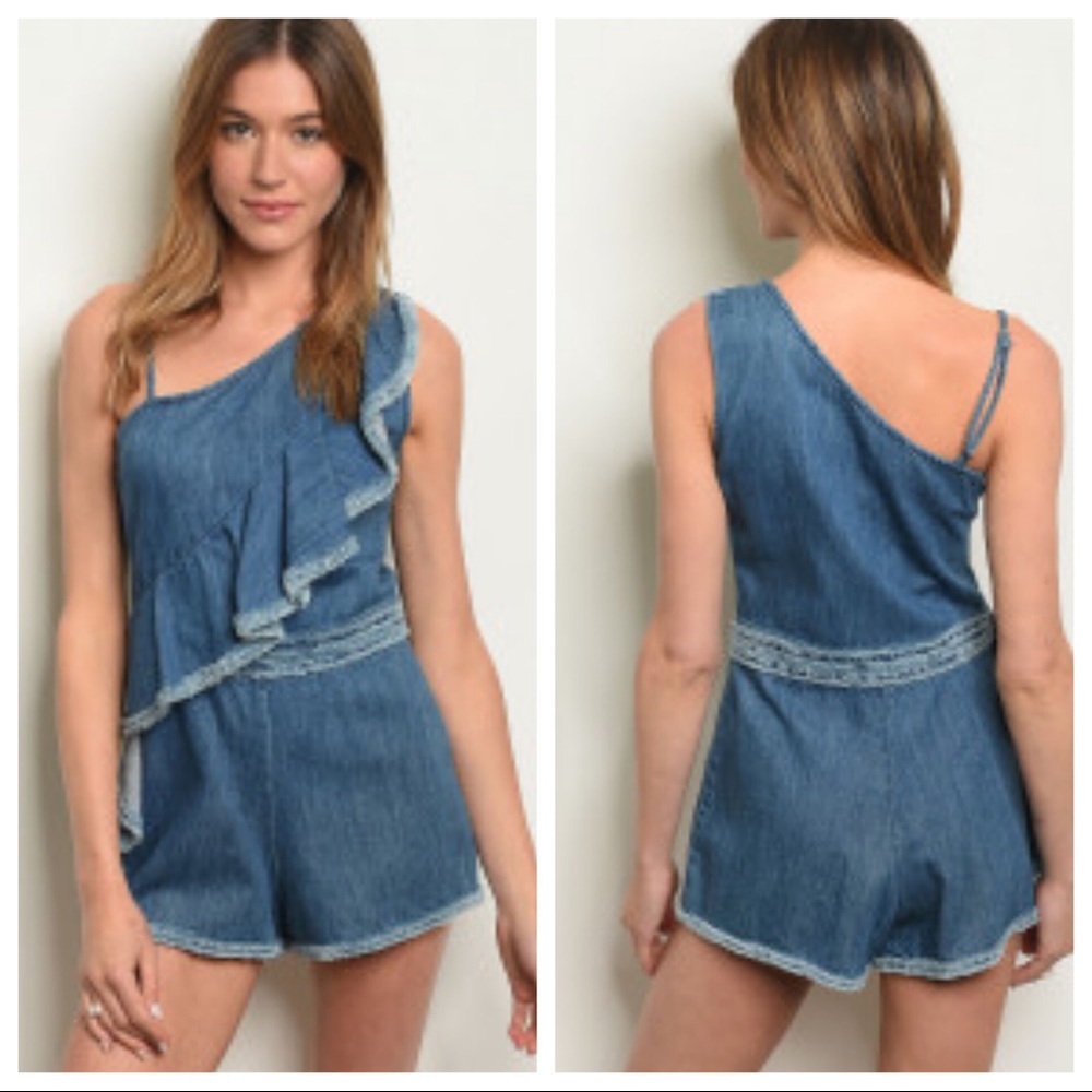 Denim One-Shoulder Ruffle Romper - Blue